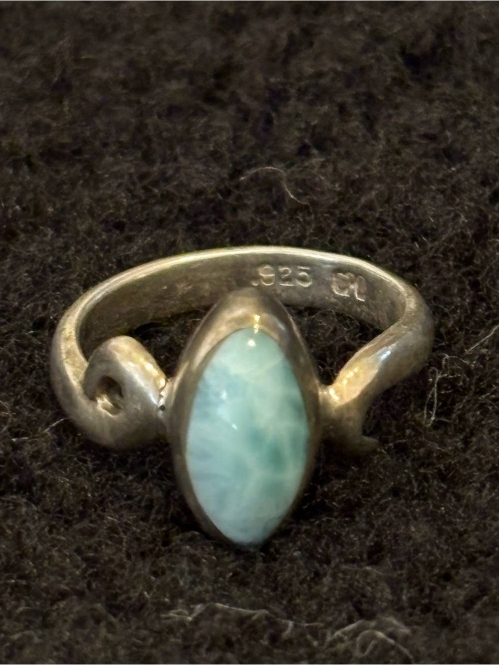 Vintage 925 Sterling Silver Marquise Larimar Ring Boho Swirl Detail Size 6